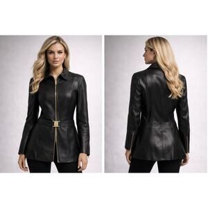 Griffith Gray For St John Black Leather Jacket Gold Hardware Sz 6 Made In Italy